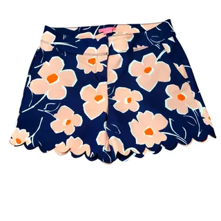 Photo of Isaac Mizrahi Navy Blue Bold Floral Print Scallop Hem Mid-Rise Shorts