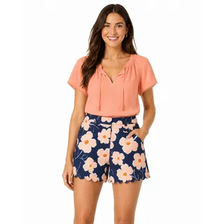 Photo of Isaac Mizrahi Navy Blue Bold Floral Print Scallop Hem Mid-Rise Shorts