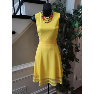 Photo of Calvin Klein Sleeveless Fit and Flare Dress Womens Size 4 Yellow Lined Mesh Hem 
