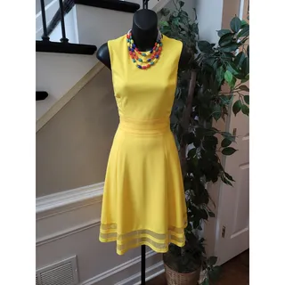 Photo of Calvin Klein Sleeveless Fit and Flare Dress Womens Size 4 Yellow Lined Mesh Hem 