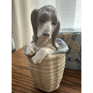 Photo of Retired Llardo #1128 Dog in Basket Basset Hound Spanish Porcelain Figurine
