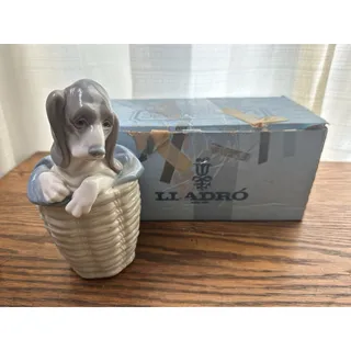 Photo of Retired Llardo #1128 Dog in Basket Basset Hound Spanish Porcelain Figurine