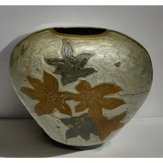 Photo of Vintage Brass Enamel Vase Leaf Hand Painted Made In India Heavy