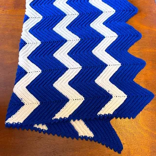 Photo of Handmade Crochet Chevron Lap Blanket Blue White Zig Zag Afghan 42.5"