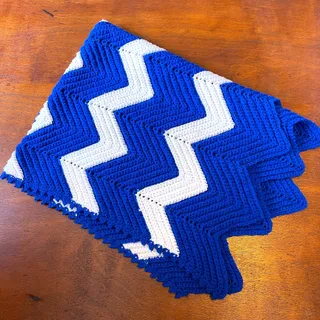 Photo of Handmade Crochet Chevron Lap Blanket Blue White Zig Zag Afghan 42.5"