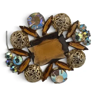Photo of Vintage 1950s Brooch Smoky Brown Rhinestone AB Crystal Filigree Statement Pin