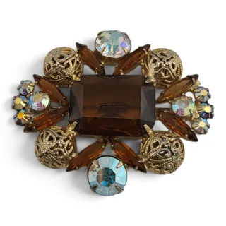 Photo of Vintage 1950s Brooch Smoky Brown Rhinestone AB Crystal Filigree Statement Pin