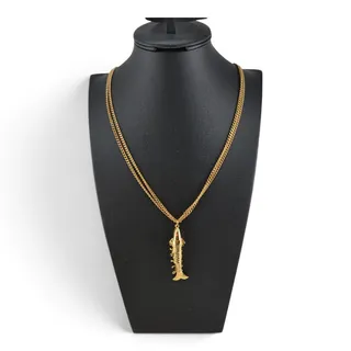 Photo of Vintage Articulated Fish Pendant Necklace Double Chain Red Eyes 28 Inch
