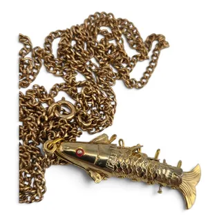 Photo of Vintage Articulated Fish Pendant Necklace Double Chain Red Eyes 28 Inch