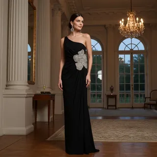 Photo of Mac Duggal Black One‑Shoulder Gown Silver 3D Appliqué Size M Preloved VGC
