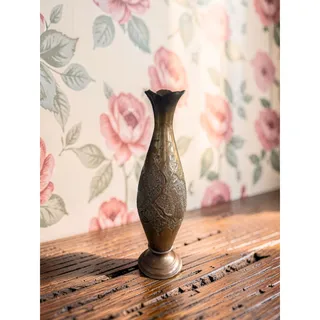 Photo of Vintage Etched Brass Vase Scalloped Flower Rim Embossed Boho Decor