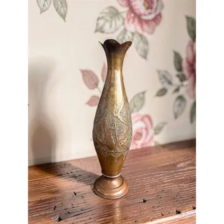 Photo of Vintage Etched Brass Vase Scalloped Flower Rim Embossed Boho Decor