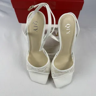 Photo of QIY White Synthetic Lace Square Toe Ankle Strap Stiletto Buckle Heel US 7