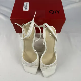 Photo of QIY White Synthetic Lace Square Toe Ankle Strap Stiletto Buckle Heel US 7