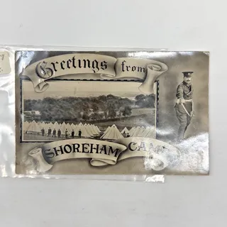 Photo of Vintage WWI Greetings from Shoreham Camp Real Photo Postcard RPPC