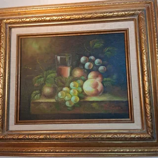 Photo of Vintage M. Aaron Signed Still Life Oil Paintings Pair Fruit Grapes Framed 8x10