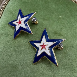 Photo of Patriotic Red White Blue Enamel Star Stud Earrings 1" Preowned