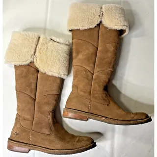 Photo of UGG Sibley Chestnut Suede Tall Boots Womens Size 6.5 Shearling Cuff
