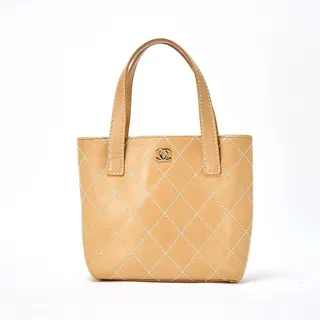 Photo of Chanel Calfskin Leather Wild Stitch 2002 Tote Bag Beige
