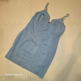 Photo of Mele & Pere denim, adjustable spaghetti strap, deep V bust mini dress sz M