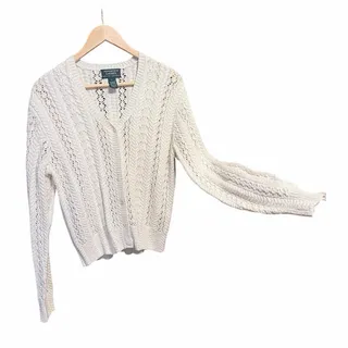 Photo of Lauren Ralph Lauren hand knit white 100% cotton open weave sweater large preppy