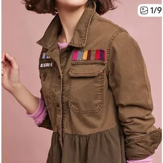 Photo of Anthropologie Peplum Military Jacket Linen Blend Beaded Patches Sz Extra Small