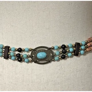 Photo of Boho Beaded Tie Belt Hat Band Turquoise Black Wood Artisan Southwestern Style