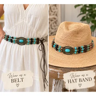 Photo of Boho Beaded Tie Belt Hat Band Turquoise Black Wood Artisan Southwestern Style