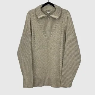 Photo of Skies Are Blue Curvy Beige Cable Knit Quarter Zip Sweater