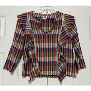 Photo of dRA Anthropologie Kelsey Plaid Fringe Top/Tunic/Blouse, Size S