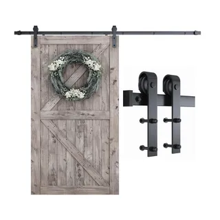 Photo of 8.2 FT Sliding Barn Door Hardware Kit Heavy Duty Single Track Rail Set Black