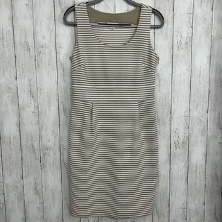 Photo of Banana Republic Brown White Striped Midi Dress 10 Sheath Career Workwear Chic
