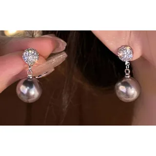 Photo of 925 Silver Post Gray Pearl Rhinestone Dangle Drop Stud Earrings new