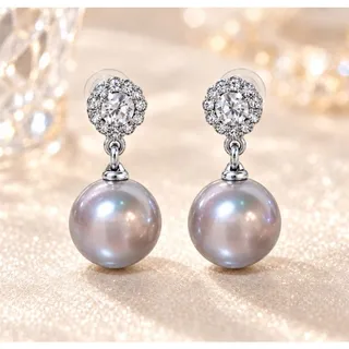 Photo of 925 Silver Post Gray Pearl Rhinestone Dangle Drop Stud Earrings new