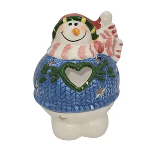 Photo of Snowman votive candle holder star-shaped cutouts heart cutout blue sweater 2002