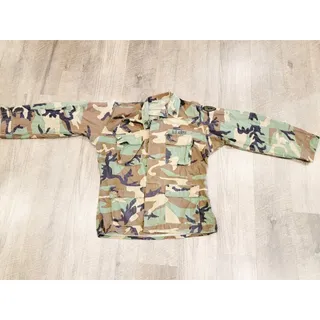 Photo of Vintage US Military BDU Coat W SRG Stripes Mens Lg Woodland Camo Hot Weather 90s
