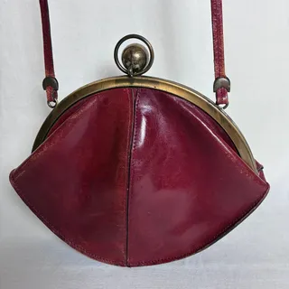 Photo of Vintage Italian Leather Fan Purse Whimsigoth Dark Academia Orb Kiss Lock Bag