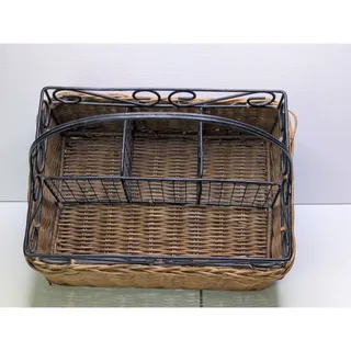 Photo of Wicker Rattan Flatware Utensil Caddy Black Metal Handle Rustic Farmhouse 12"