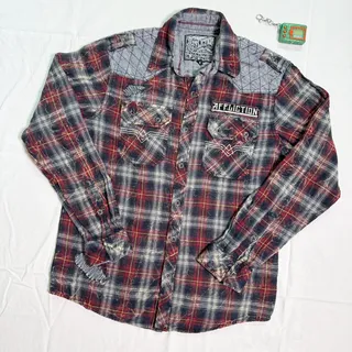 Photo of Affliction Black Premium Grunge Biker Plaid Shirt - M