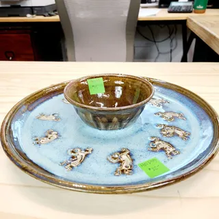 Photo of Glazed Pottery Kokopelli Chip & Dip Bowl 12"  EUC