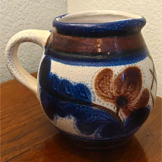 Photo of Vintage 1970's W. German Blue White Brown Floral Art Pottery Ceramic Pitcher
