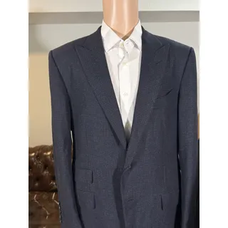 Photo of Tom Ford Navy Houndstooth Flannel Wool Peak Lapel Blazer 54 44R