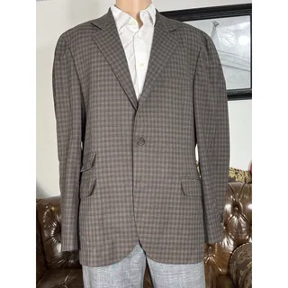 Photo of Brunello Cucinelli Brown Wool Mohair Silk Blazer Sportcoat Brown Plaid 54/44