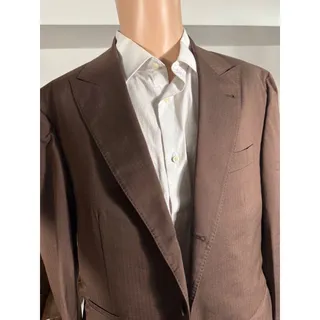 Photo of Brunello Cucinelli Brown Herringbone Wool Cotton Silk Peak Lapel Blazer 52 42R