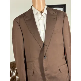 Photo of Brunello Cucinelli Brown Herringbone Wool Cotton Silk Peak Lapel Blazer 52 42R
