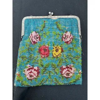Photo of ANTIQUE 1900s to 1920s MICRO BEADED BAG TURQUOISE W/ METAL FRAME & CHAIN STRAP