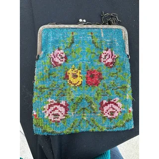 Photo of ANTIQUE 1900s to 1920s MICRO BEADED BAG TURQUOISE W/ METAL FRAME & CHAIN STRAP