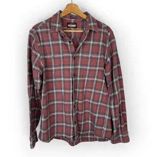 Photo of Alesbury Mens M Red Grey Plaid Flannel Button-Up Shirt Two Pocket Cotton Casual