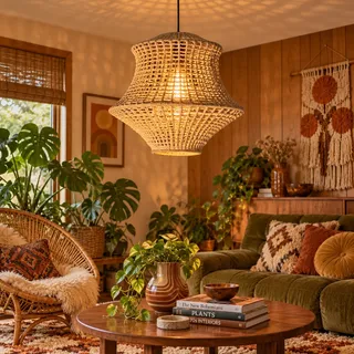 Photo of Vintage 1970s Boho Macrame Pendant Lampshade 18” Woven Swag Light Shade