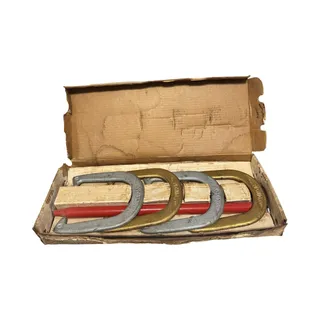 Photo of 1950s STAR Picnic Steel Pitching Horseshoe Set 4 Shoes 2 Stakes Original Box